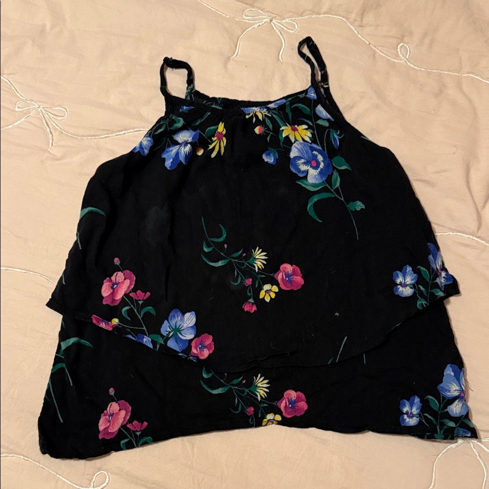 Old Navy Black Floral Tiered Cami with Pink and Blue Flowers
